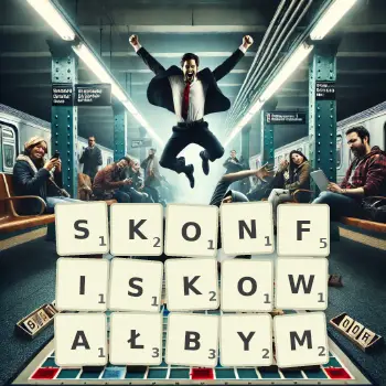 Kreatywna ilustracja do gry w Scrabble ze słowem SKONFISKOWAŁBYM ułożonym z płytek na planszy.