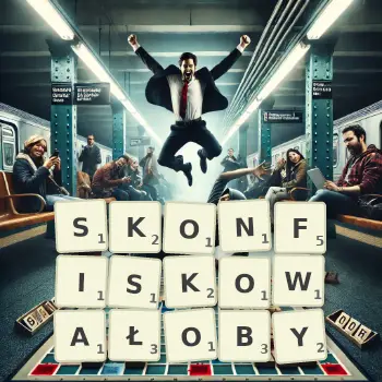 Kreatywna ilustracja do gry w Scrabble ze słowem SKONFISKOWAŁOBY ułożonym z płytek na planszy.