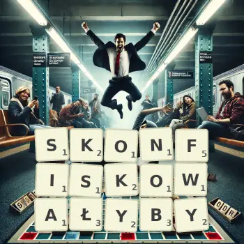 Kreatywna ilustracja do gry w Scrabble ze słowem SKONFISKOWAŁYBY ułożonym z płytek na planszy.