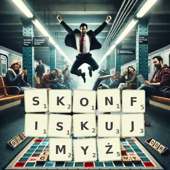 Kreatywna ilustracja do gry w Scrabble ze słowem SKONFISKUJMYŻ ułożonym z płytek na planszy.