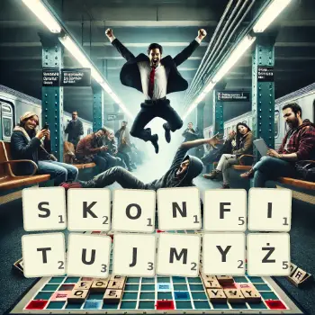 Kreatywna ilustracja do gry w Scrabble ze słowem SKONFITUJMYŻ ułożonym z płytek na planszy.