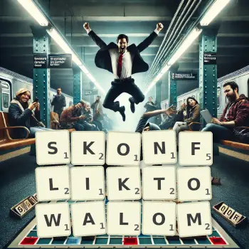 Kreatywna ilustracja do gry w Scrabble ze słowem SKONFLIKTOWALOM ułożonym z płytek na planszy.