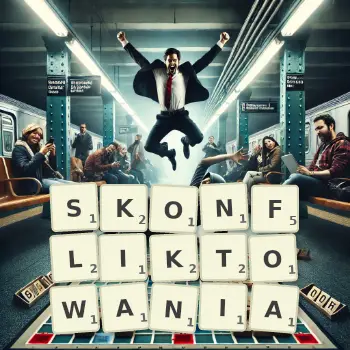 Kreatywna ilustracja do gry w Scrabble ze słowem SKONFLIKTOWANIA ułożonym z płytek na planszy.