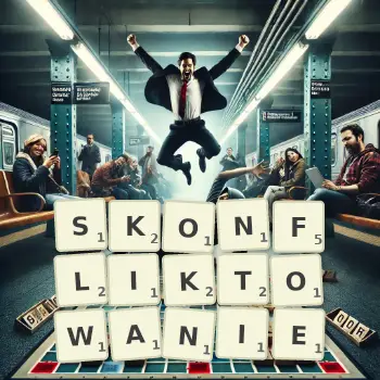 Kreatywna ilustracja do gry w Scrabble ze słowem SKONFLIKTOWANIE ułożonym z płytek na planszy.