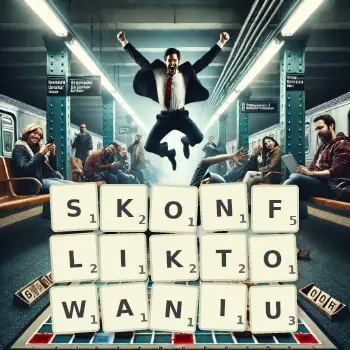 Kreatywna ilustracja do gry w Scrabble ze słowem SKONFLIKTOWANIU ułożonym z płytek na planszy.