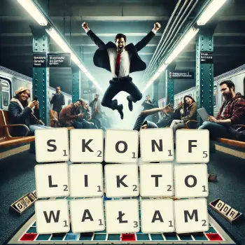 Kreatywna ilustracja do gry w Scrabble ze słowem SKONFLIKTOWAŁAM ułożonym z płytek na planszy.