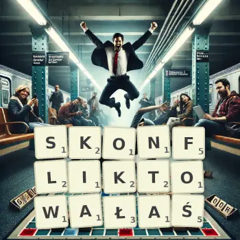 Kreatywna ilustracja do gry w Scrabble ze słowem SKONFLIKTOWAŁAŚ ułożonym z płytek na planszy.