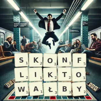 Kreatywna ilustracja do gry w Scrabble ze słowem SKONFLIKTOWAŁBY ułożonym z płytek na planszy.