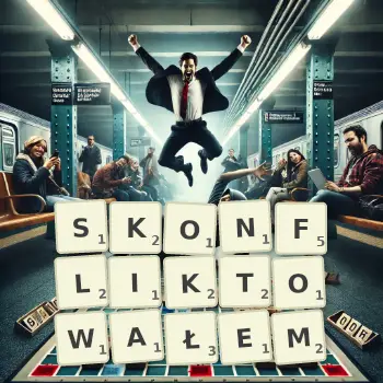 Kreatywna ilustracja do gry w Scrabble ze słowem SKONFLIKTOWAŁEM ułożonym z płytek na planszy.