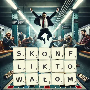 Kreatywna ilustracja do gry w Scrabble ze słowem SKONFLIKTOWAŁOM ułożonym z płytek na planszy.