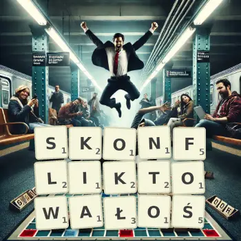 Kreatywna ilustracja do gry w Scrabble ze słowem SKONFLIKTOWAŁOŚ ułożonym z płytek na planszy.