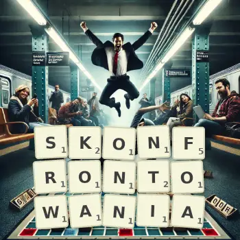 Kreatywna ilustracja do gry w Scrabble ze słowem SKONFRONTOWANIA ułożonym z płytek na planszy.