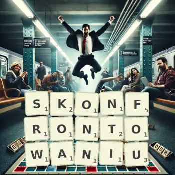 Kreatywna ilustracja do gry w Scrabble ze słowem SKONFRONTOWANIU ułożonym z płytek na planszy.