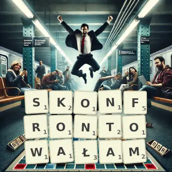 Kreatywna ilustracja do gry w Scrabble ze słowem SKONFRONTOWAŁAM ułożonym z płytek na planszy.