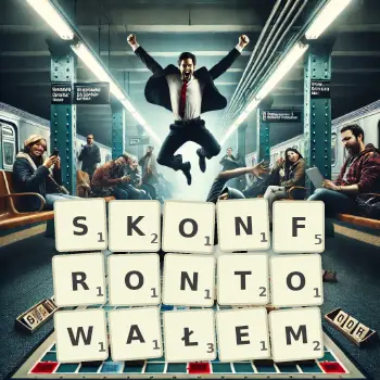 Kreatywna ilustracja do gry w Scrabble ze słowem SKONFRONTOWAŁEM ułożonym z płytek na planszy.