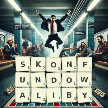 Kreatywna ilustracja do gry w Scrabble ze słowem SKONFUNDOWALIBY ułożonym z płytek na planszy.