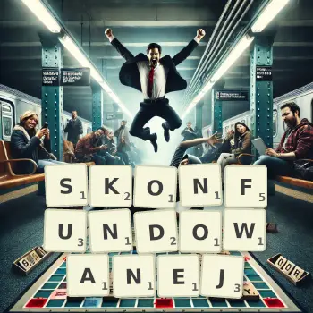 Kreatywna ilustracja do gry w Scrabble ze słowem SKONFUNDOWANEJ ułożonym z płytek na planszy.