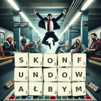 Kreatywna ilustracja do gry w Scrabble ze słowem SKONFUNDOWAŁBYM ułożonym z płytek na planszy.