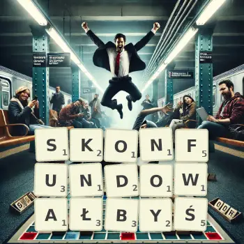 Kreatywna ilustracja do gry w Scrabble ze słowem SKONFUNDOWAŁBYŚ ułożonym z płytek na planszy.