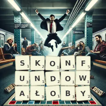 Kreatywna ilustracja do gry w Scrabble ze słowem SKONFUNDOWAŁOBY ułożonym z płytek na planszy.