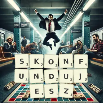 Kreatywna ilustracja do gry w Scrabble ze słowem SKONFUNDUJESZ ułożonym z płytek na planszy.