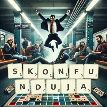 Kreatywna ilustracja do gry w Scrabble ze słowem SKONFUNDUJĄ ułożonym z płytek na planszy.