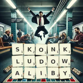 Kreatywna ilustracja do gry w Scrabble ze słowem SKONKLUDOWALIBY ułożonym z płytek na planszy.