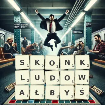 Kreatywna ilustracja do gry w Scrabble ze słowem SKONKLUDOWAŁBYŚ ułożonym z płytek na planszy.