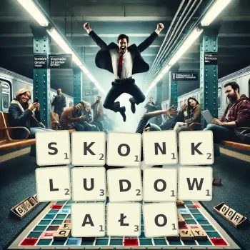 Kreatywna ilustracja do gry w Scrabble ze słowem SKONKLUDOWAŁO ułożonym z płytek na planszy.