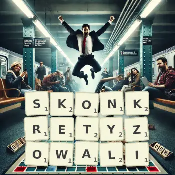 Kreatywna ilustracja do gry w Scrabble ze słowem SKONKRETYZOWALI ułożonym z płytek na planszy.