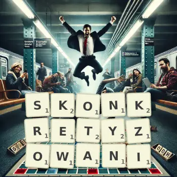 Kreatywna ilustracja do gry w Scrabble ze słowem SKONKRETYZOWANI ułożonym z płytek na planszy.