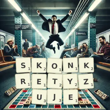 Kreatywna ilustracja do gry w Scrabble ze słowem SKONKRETYZUJE ułożonym z płytek na planszy.