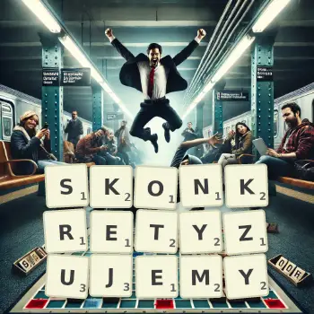 Kreatywna ilustracja do gry w Scrabble ze słowem SKONKRETYZUJEMY ułożonym z płytek na planszy.