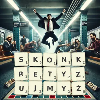 Kreatywna ilustracja do gry w Scrabble ze słowem SKONKRETYZUJMYŻ ułożonym z płytek na planszy.