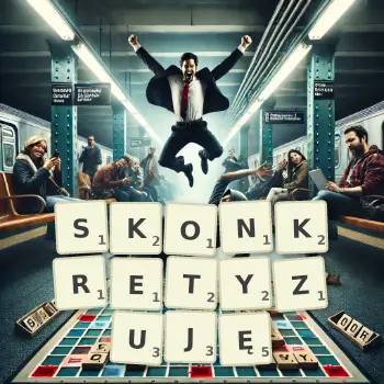 Kreatywna ilustracja do gry w Scrabble ze słowem SKONKRETYZUJĘ ułożonym z płytek na planszy.