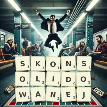 Kreatywna ilustracja do gry w Scrabble ze słowem SKONSOLIDOWANEJ ułożonym z płytek na planszy.