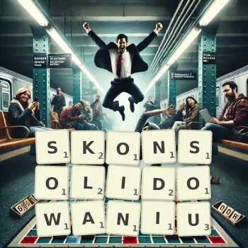 Kreatywna ilustracja do gry w Scrabble ze słowem SKONSOLIDOWANIU ułożonym z płytek na planszy.