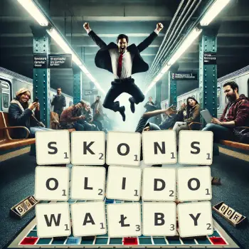 Kreatywna ilustracja do gry w Scrabble ze słowem SKONSOLIDOWAŁBY ułożonym z płytek na planszy.