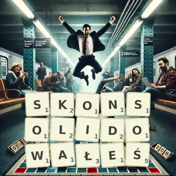 Kreatywna ilustracja do gry w Scrabble ze słowem SKONSOLIDOWAŁEŚ ułożonym z płytek na planszy.