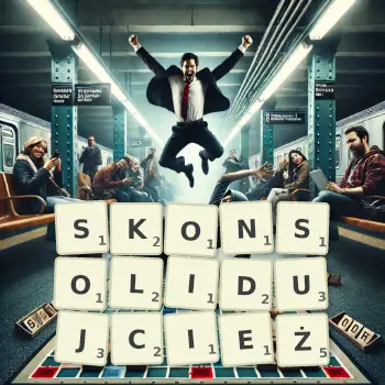 Kreatywna ilustracja do gry w Scrabble ze słowem SKONSOLIDUJCIEŻ ułożonym z płytek na planszy.