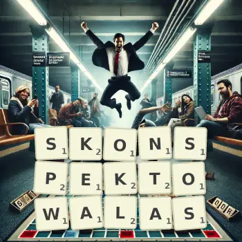 Kreatywna ilustracja do gry w Scrabble ze słowem SKONSPEKTOWALAS ułożonym z płytek na planszy.