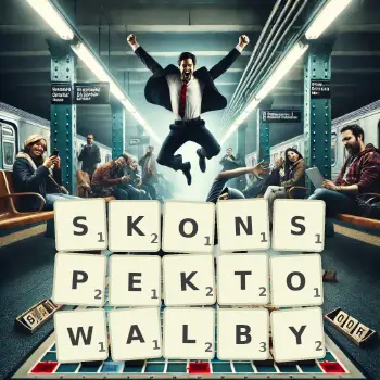 Kreatywna ilustracja do gry w Scrabble ze słowem SKONSPEKTOWALBY ułożonym z płytek na planszy.