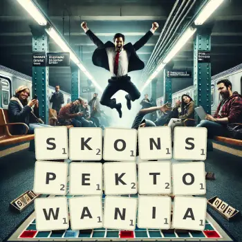 Kreatywna ilustracja do gry w Scrabble ze słowem SKONSPEKTOWANIA ułożonym z płytek na planszy.