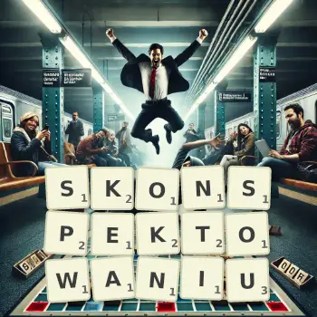 Kreatywna ilustracja do gry w Scrabble ze słowem SKONSPEKTOWANIU ułożonym z płytek na planszy.