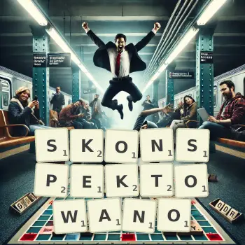 Kreatywna ilustracja do gry w Scrabble ze słowem SKONSPEKTOWANO ułożonym z płytek na planszy.