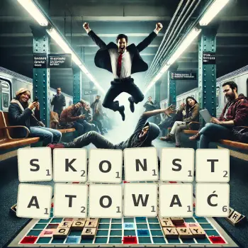 Kreatywna ilustracja do gry w Scrabble ze słowem SKONSTATOWAĆ ułożonym z płytek na planszy.