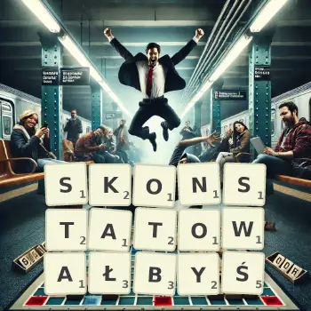 Kreatywna ilustracja do gry w Scrabble ze słowem SKONSTATOWAŁBYŚ ułożonym z płytek na planszy.