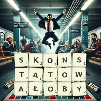 Kreatywna ilustracja do gry w Scrabble ze słowem SKONSTATOWAŁOBY ułożonym z płytek na planszy.