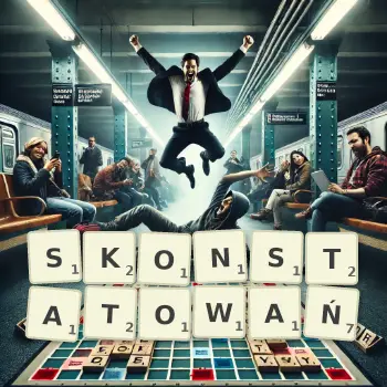 Kreatywna ilustracja do gry w Scrabble ze słowem SKONSTATOWAŃ ułożonym z płytek na planszy.