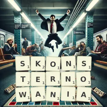 Kreatywna ilustracja do gry w Scrabble ze słowem SKONSTERNOWANIA ułożonym z płytek na planszy.